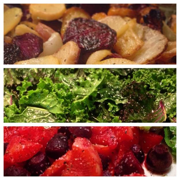 From top to bottom: roasted beets, turnips, carrots, kohlrabi, and rutabaga.  Kale chips before baking. And boiled turnips, kohlrabi, and baby beets.